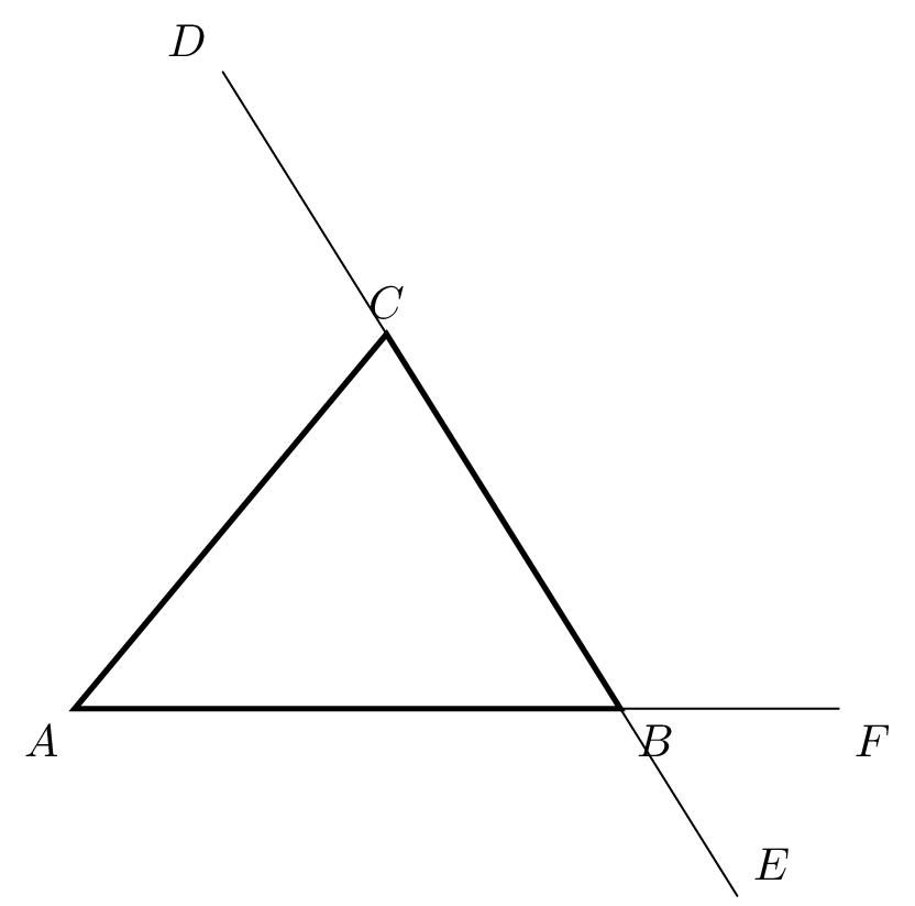 Proposition I.32. Drawing $DE$ through $C$ parallel to $AB$
makes $\angle DCA = \angle CAB$ (alternate, I.29) and $\angle ECB =
\angle ABC$ (alternate, I.29); the straight angle at $C$ then sums
the three interior angles of $\triangle ABC$ to two right angles.