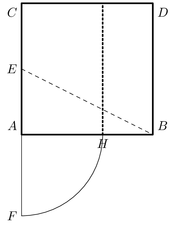 Proposition II.11. Square $ABDC$ on $AB$; midpoint $E$ of $AC$;
$F$ on the extension of $AC$ with $EF = EB$. Then $AH = AF$ cuts $AB$
in the desired ratio: $AB \cdot HB = AH^2$. This is the golden section.